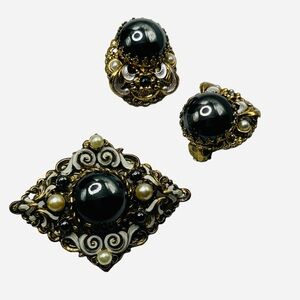 Vintage W. Germany Hematite Glass and Pearl Brooch Earring Set